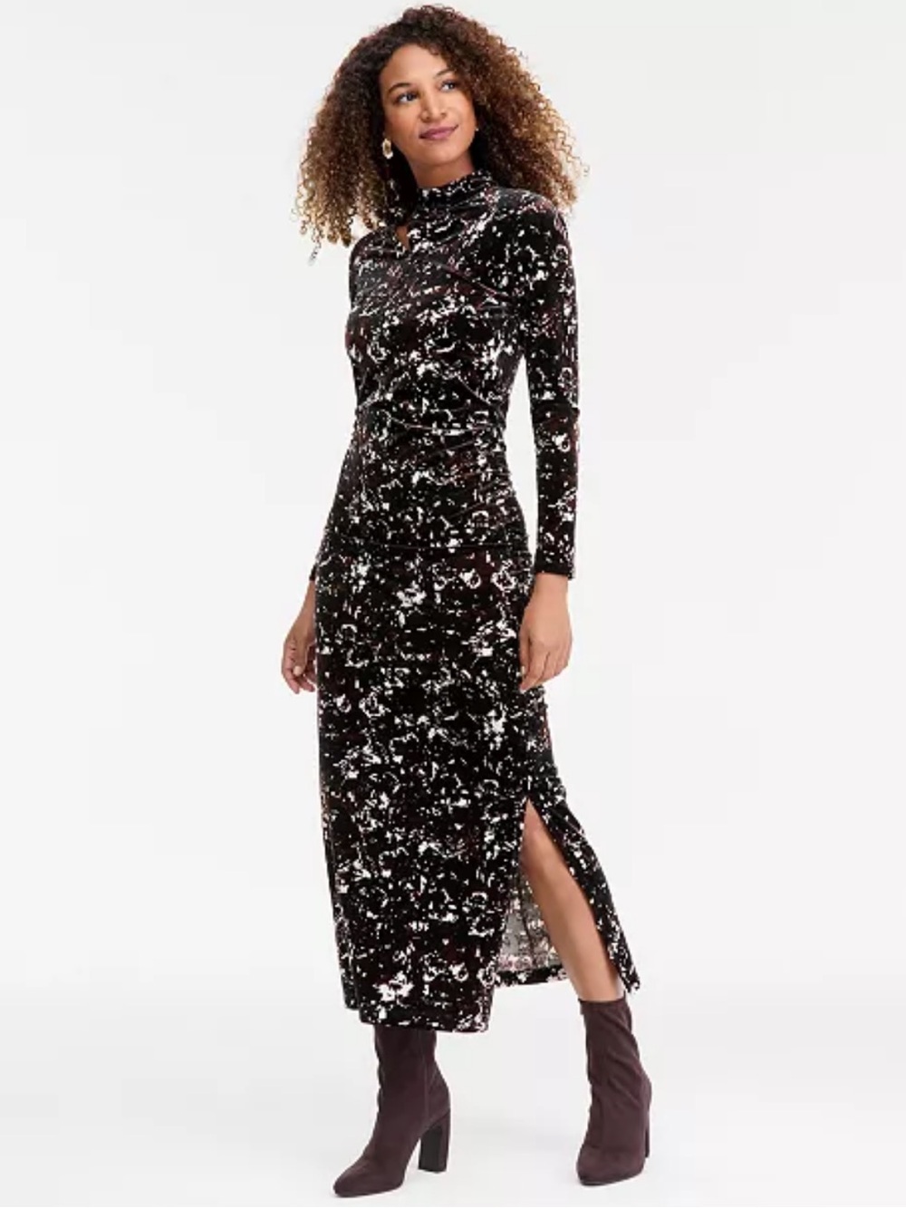 INC International Concepts Velvet Shoulder Cut Out Long Sleeve Midi Dress